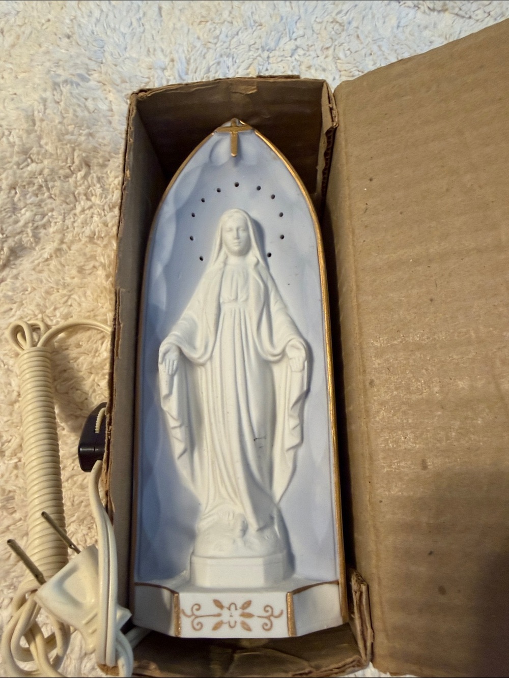White Porcelain Virgin Mary Night Light with Gold Trim